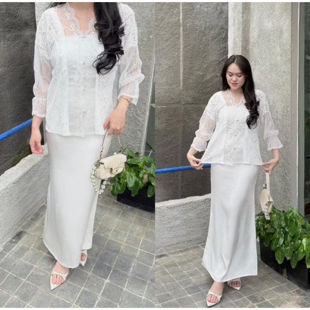 Preloved Byvitafa.id outer brukat broken white tunik lace baju kondangan blouse see through putih bw