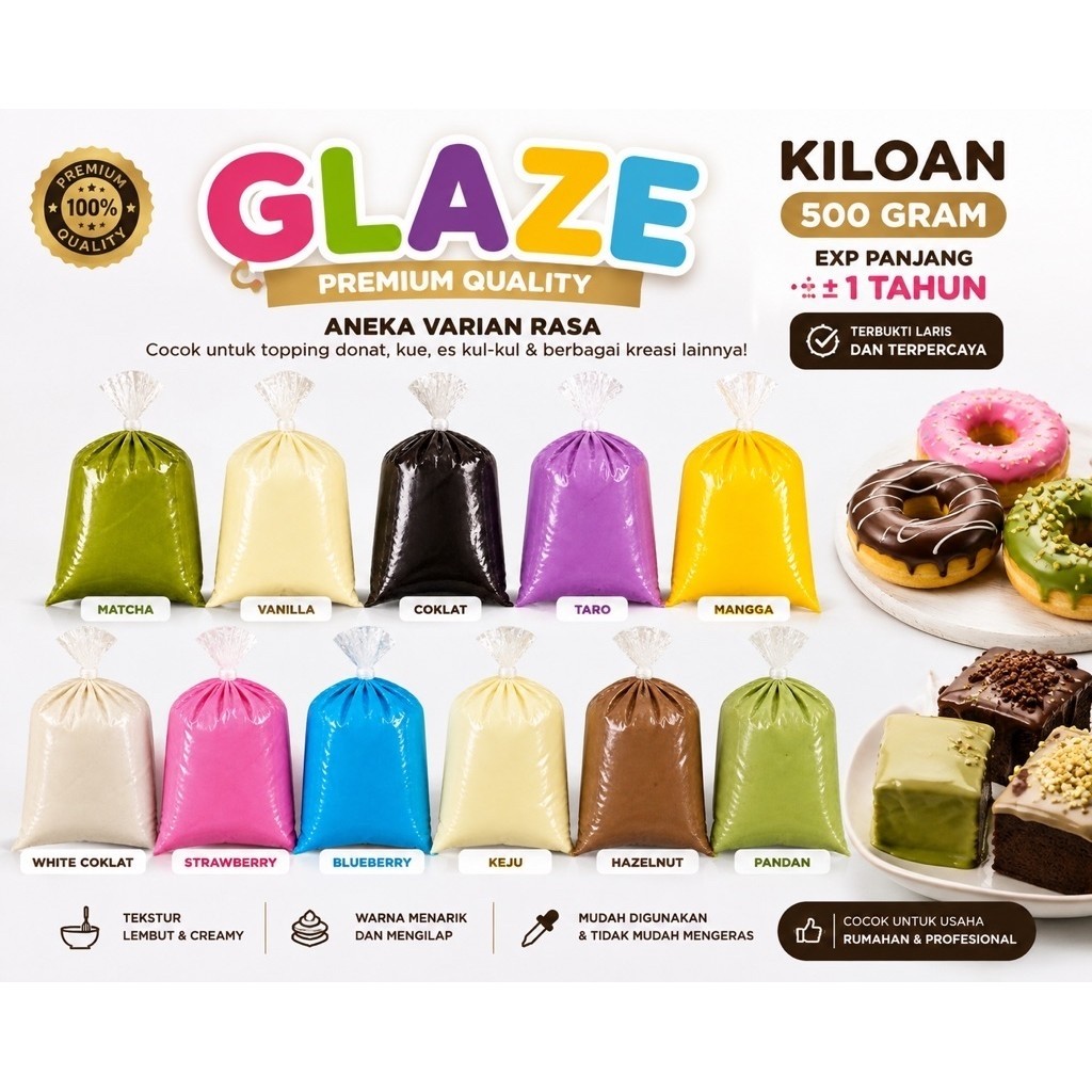 Glaze Kiloan Aneka varian rasa dan warna topping donat selai olesan isian kue 500gram
