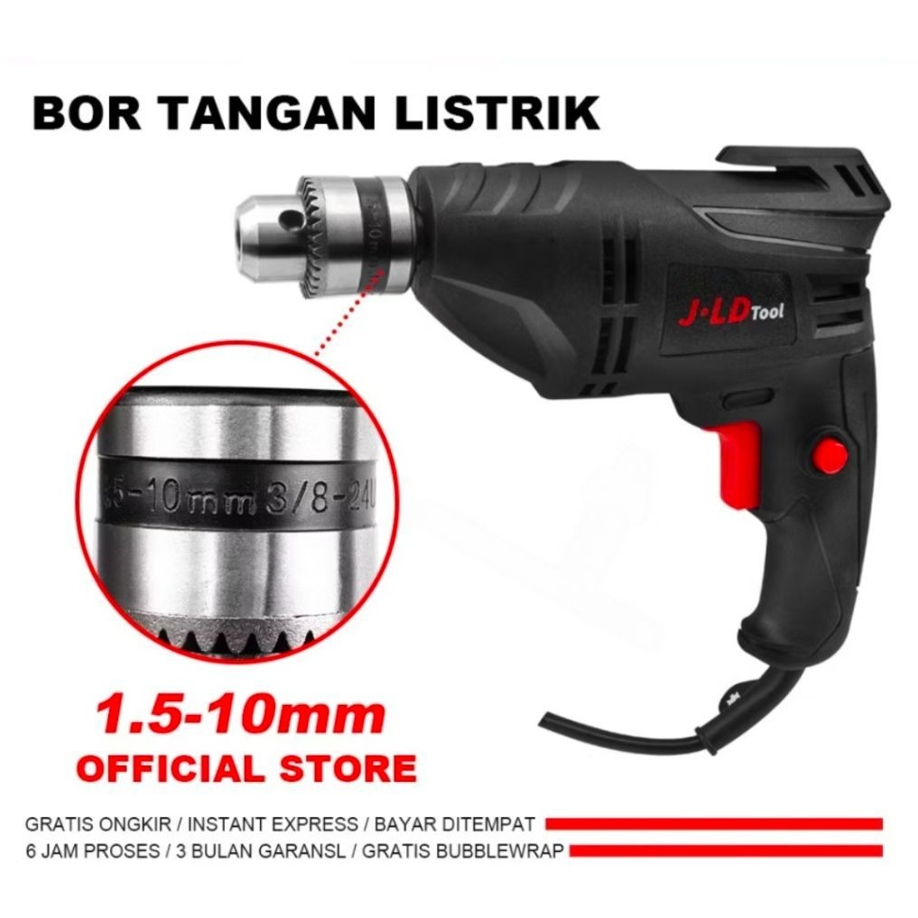 Mesin Bor Listrik JLD Tools Uk 10MM Bolak Balik Bor Tangan Listrik 380W Bor Beton Bor Tembok