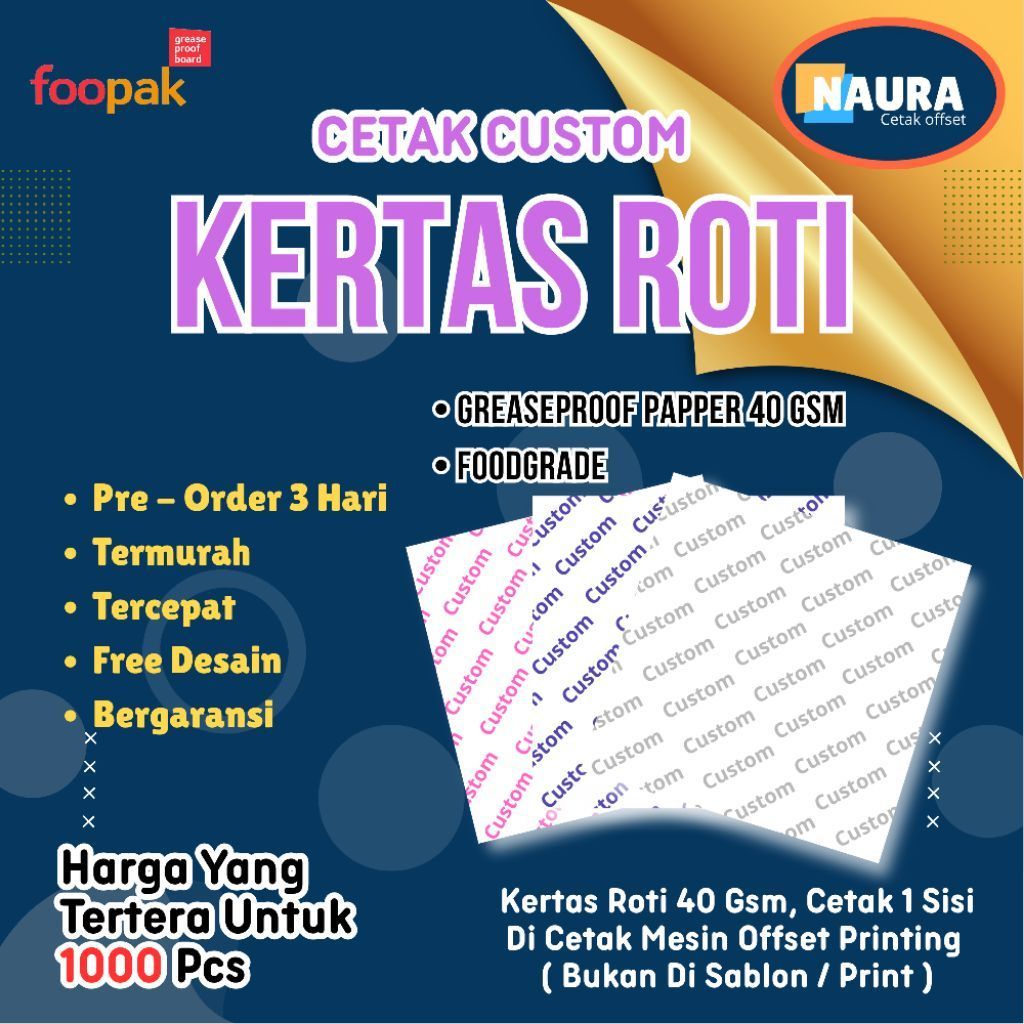 CUSTOM Kertas Roti Foodgrade ( 1000 PCS ) / cetak kertas roti custom / cetak logo / Wax Papper /  Pa