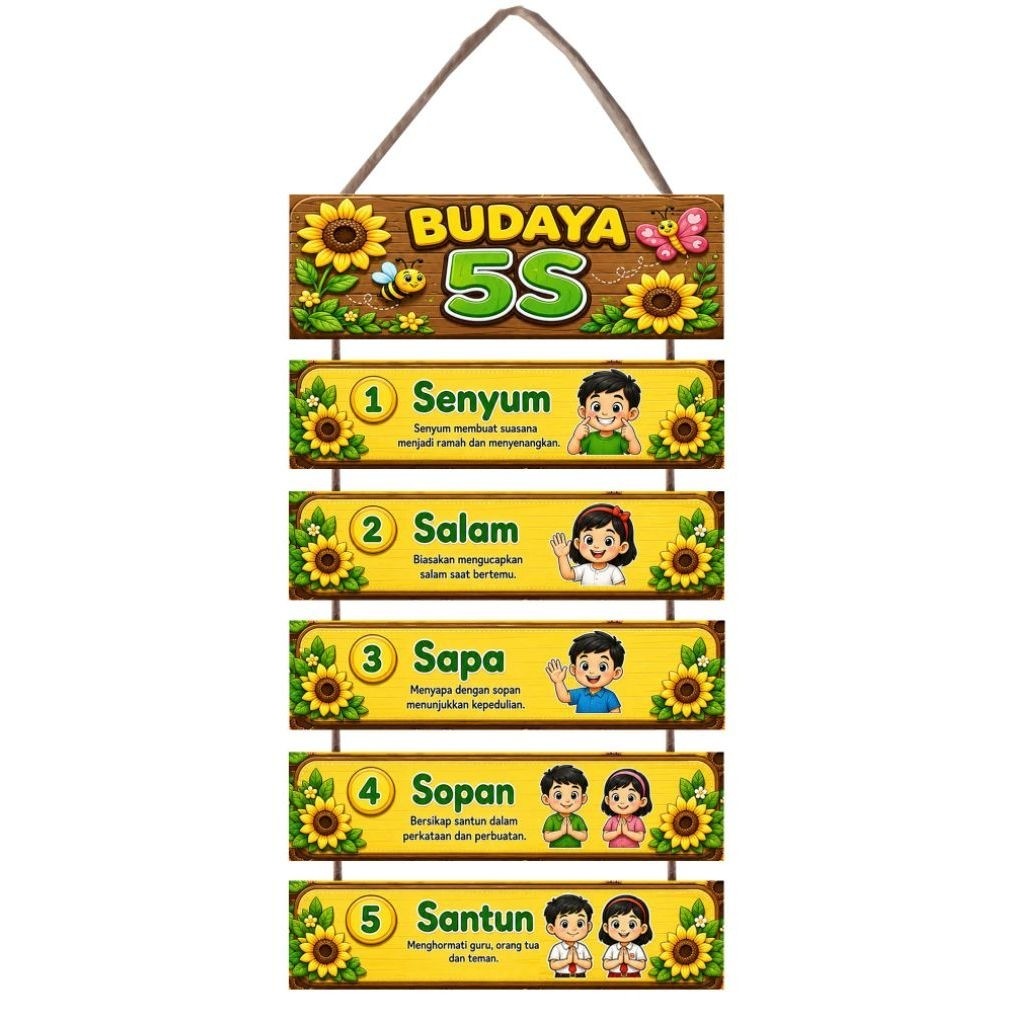 Papan Gantungan Dekorasi Budaya 5S Senyum Salam Sapa Sopan Santun Hiasan Kelas Sekolah
