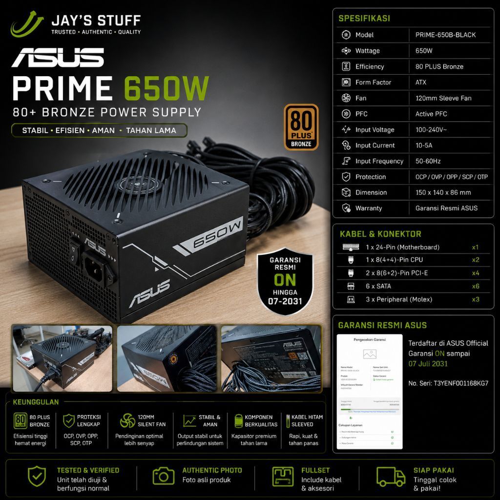 (ST) PSU ASUS PRIME 650W 80+ BRONZE GARANSI ON 07-2031