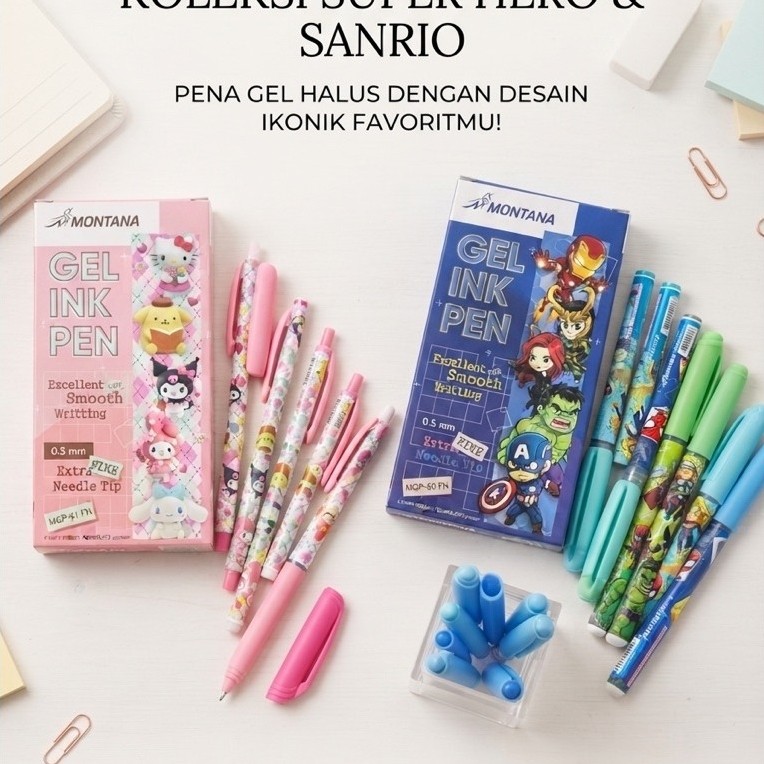 Grosir Montana Gel Ink Pen 0.5mm Karakter Super Hero Sanrio Pena Gel Tulis Halus