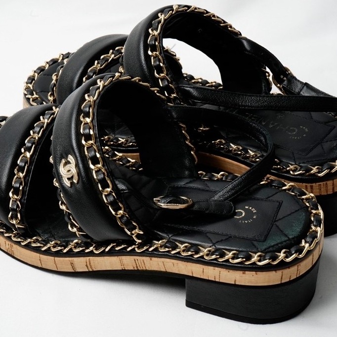Chanel Black Leather Chain Wedge Block Heel Sandals Size 36 Preloved *100% Authentic*