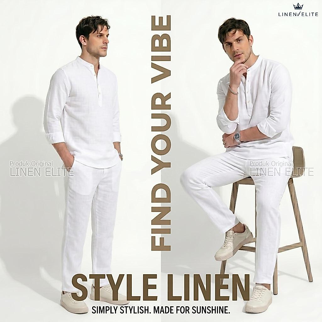 LINEN.ELITE Atasan Baju Linen Setengah Kancing Pria Baju KoKo Katun Linen Pria Dewasa Santai Pria Ba