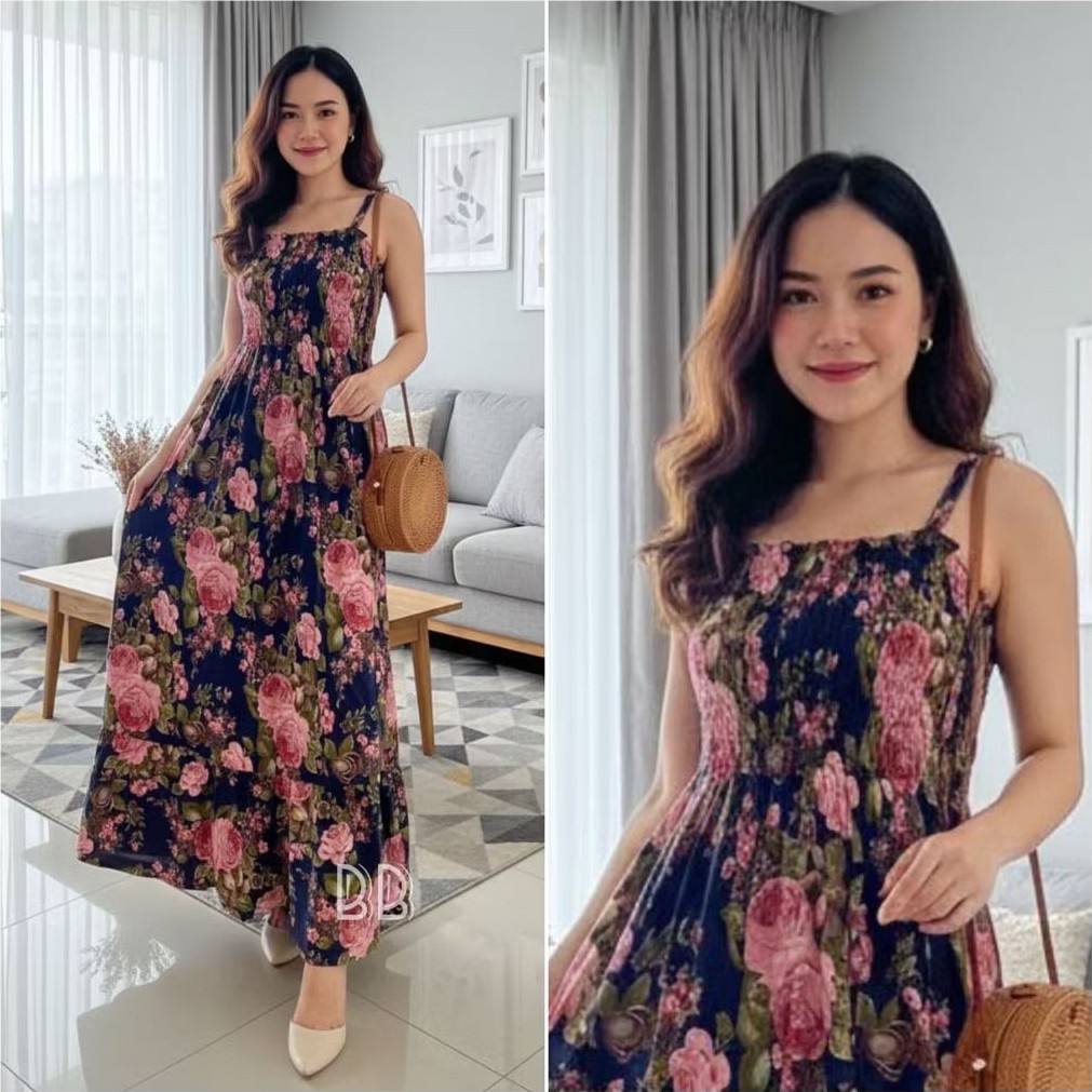 Korean Dress Rayon Motif Grade A/Dress Wanita Kekinian/Dress Kerut Tali Gasper/Inner Dress