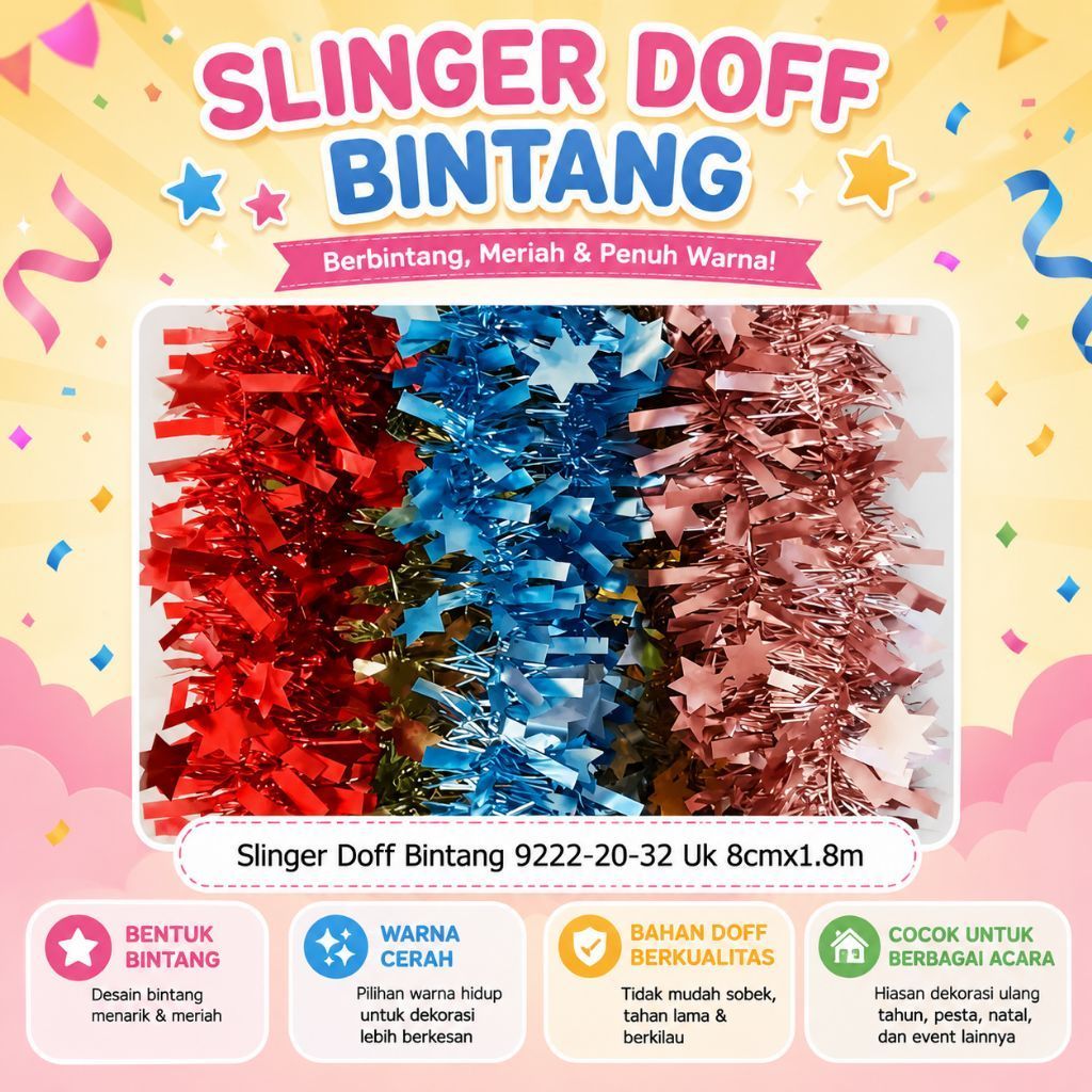 Slinger Doff Bintang , slinger Warna Warni, Hiasan Dekorasi,slinger dekorasi natal, slinger hiasan n
