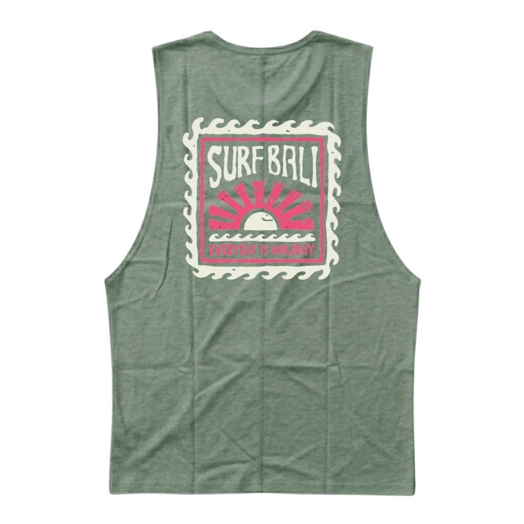 Kaos singlet surf bali everyday is holiday motif tanpa lengan low cut lekbong