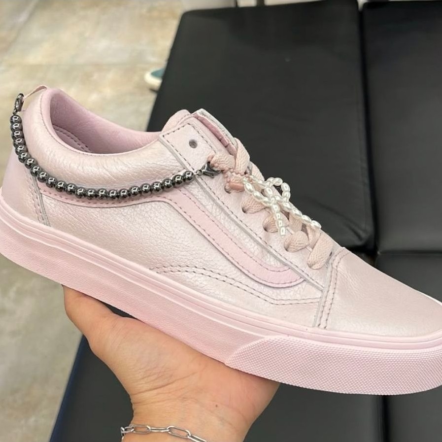 VANS OLD SKOOL LEATHER METALLIC PALE PETAL PINK WHITE ORIGINAL RESMI