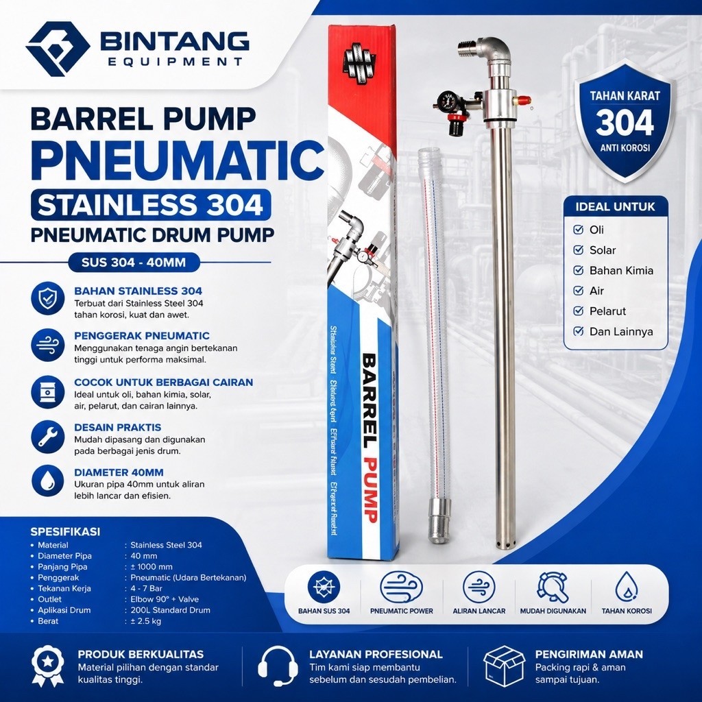 Barrel pump pneumatic stainles 304 pneumatic drum pump sus 304 40mm