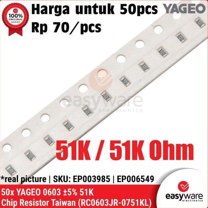 [50 Pcs] Resistor Smd 0603 Yageo 5% 51K Chip Resistor 51K Ohm Resistor Smd
