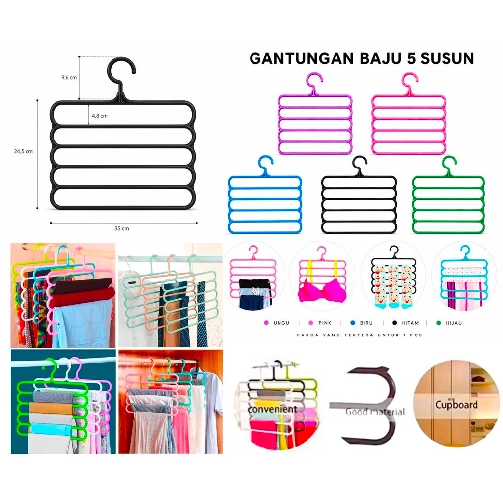 Gantungan Baju 5 Susun Gantungan Hanger Pakaian Celana Handuk Jilbab 5 Layer Plastik Serbaguna