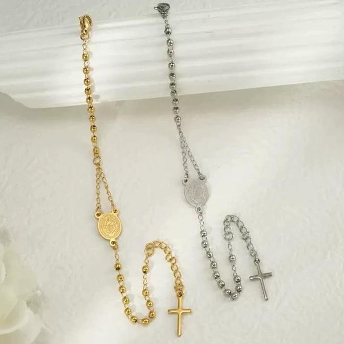 Set Kalung Dan Gelang Salib Rosario Titanium Lapis Emas Asli Gaya Korea Terbaru Kekinian Anti Karat 