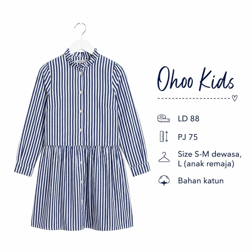 Baju Tunik Midi Dress Dewasa Remaja Brand Ohoo Kids Salur Bahan Katun