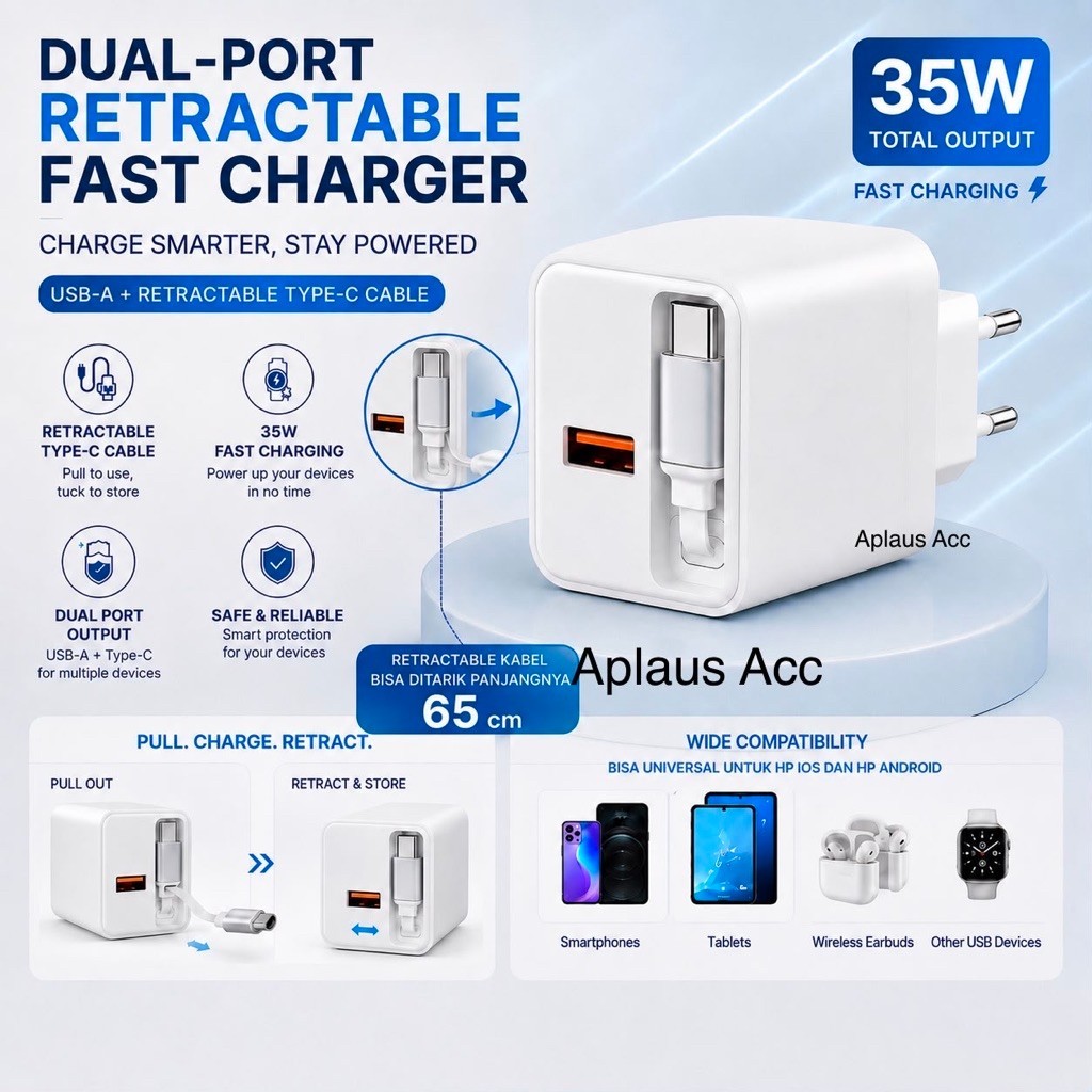 Charger Ori Fast Charging 35W BZ98 Dual Port USB-A + Type-C Retractable Cable 65cm Universal IOS Android