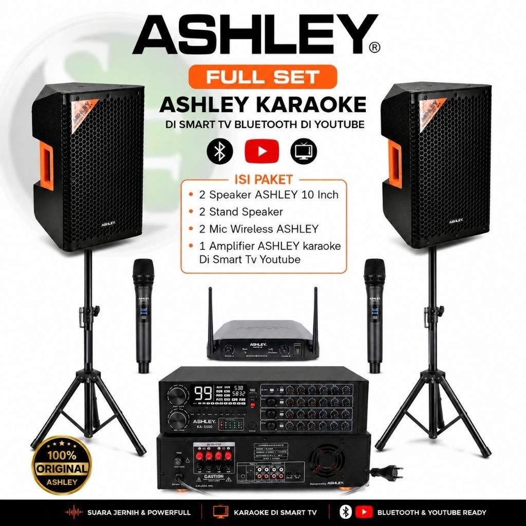 PAKET KARAOKE ASHLEY FULL SET 2 SPEAKER 10 INCH + 2 MIC WIRELESS + AMPLIFIER KARAOKE SMART TV BLUETO