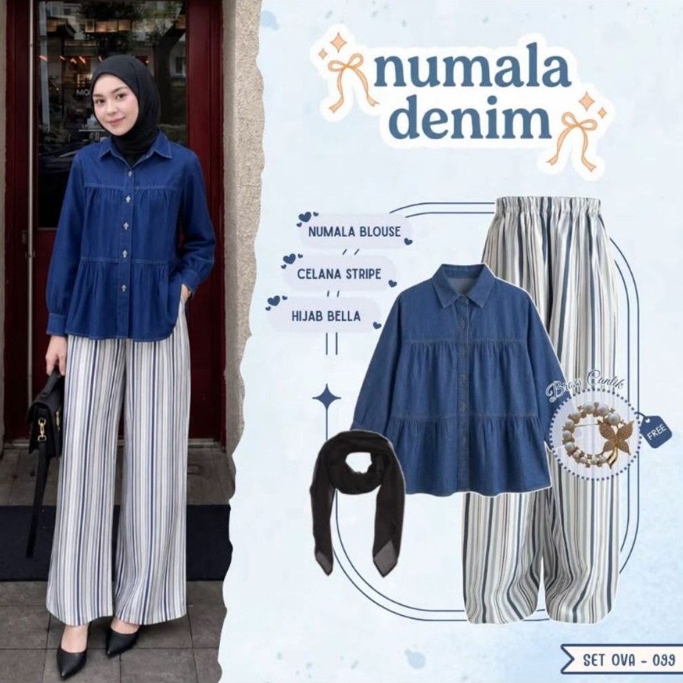 Set Ootd Hangout Wanita Remaja Outfit Kampus One Set Wanita (Kemeja Wanita, Celana Stripe, Hijab) Sa