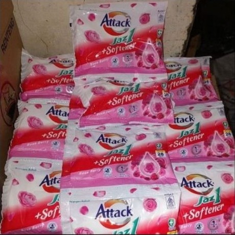 Deterjen Bubuk Attack Jaz1 Softener Roseberry 40g - 6 Sachet, Aroma Tahan Lama, Tanpa Sabun Colek