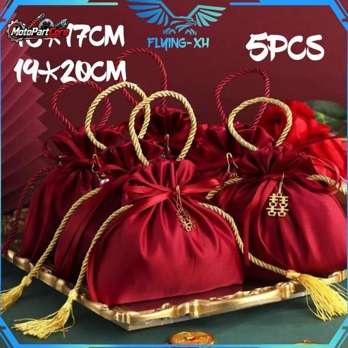 Pouch Serut Souvenir 5pcs Pouch Wedding Candy Bag Wedding Pouch Serut Satin Tas Serut Souvenir Kanto