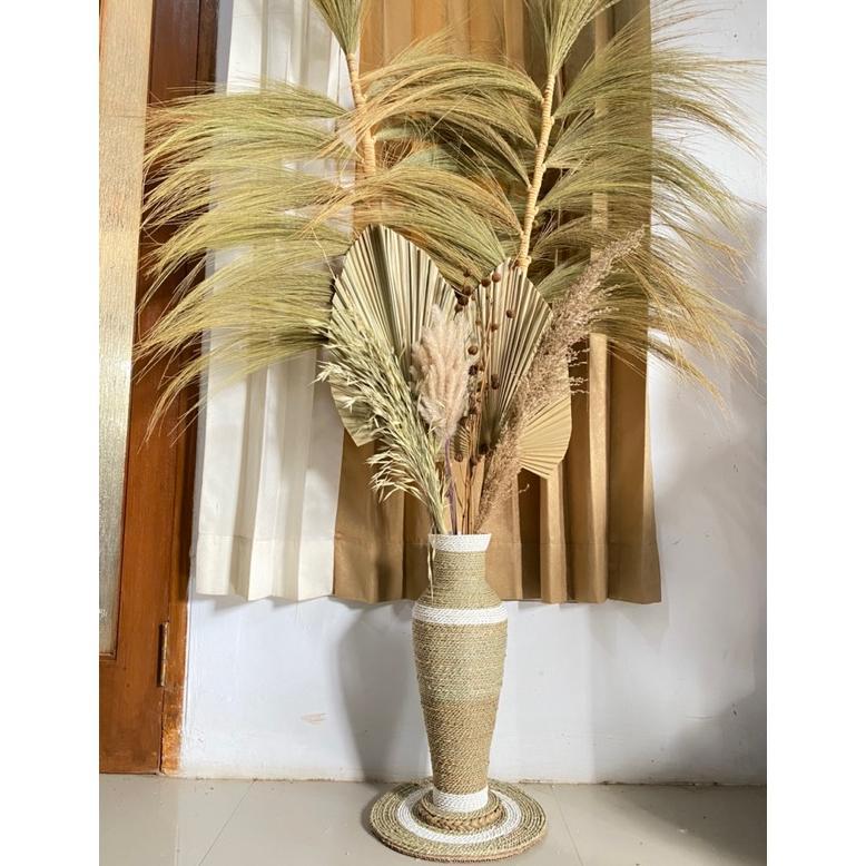 Paket Jumbo Bunga Kering dan Pot Guci Tinggi 50cm | Daun Palem Kering | Dekorasi Rustic | Dekorasi R