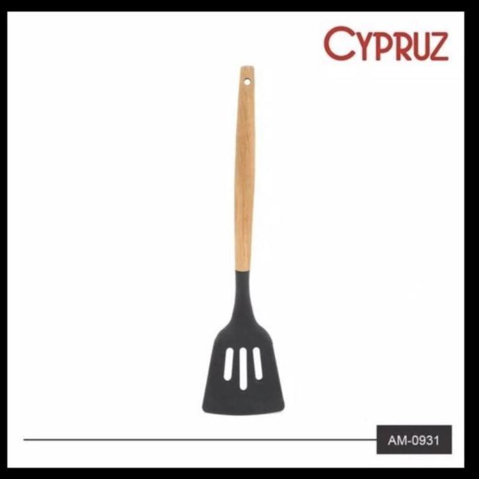 Promo Cyprus Spatula Silicone Turner Lubang Am-0931/Sodet Sutil Silikon Kayu  Hitam Kitchenware Cod