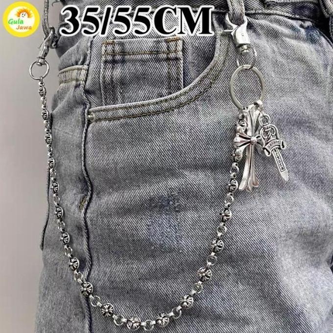 OVERAJA Chrome Hearts Rantai Jeans Salib Manik-Manik Bundar Pedang