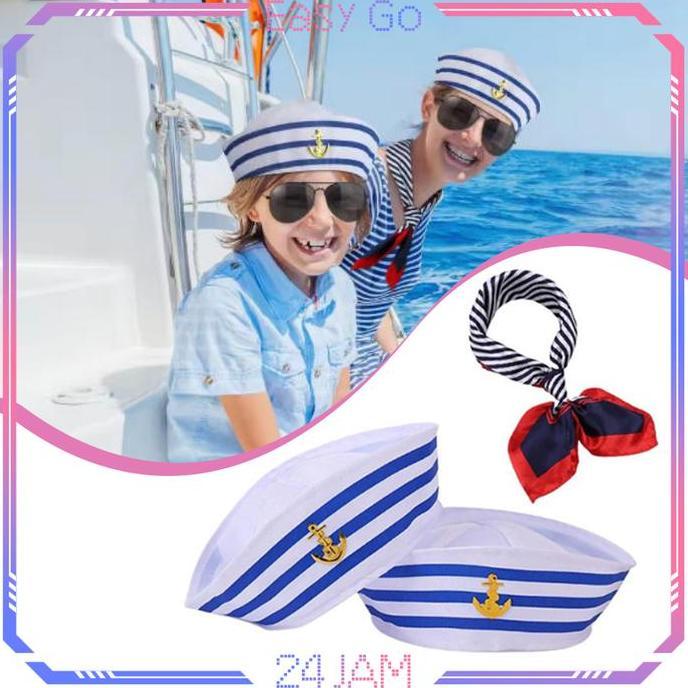 SAMBINAKA Topi Kapten Sailor Sailor Hat Biru Putih Topi Pelaut Sailor Topi Sailor Wanita Topi Captai