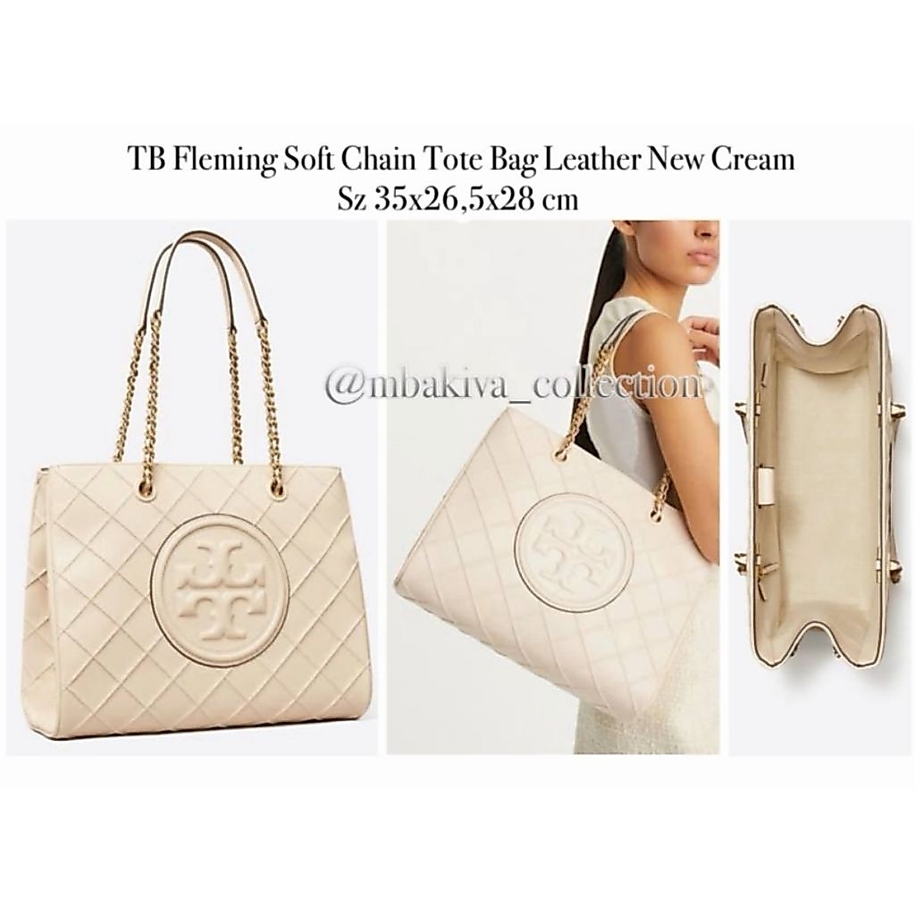 TB Fleming Soft Chain Tote Bag Leather New Cream