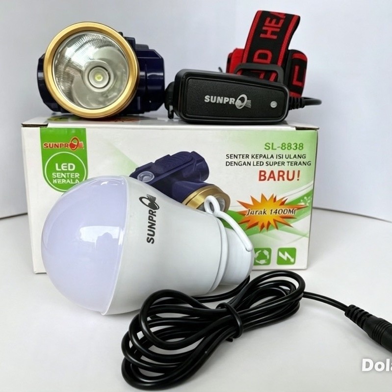 Senter Kepala Sunpro 7Watt SL 8838 Pencetan ON OFF Free Lampu Emergency SL-8838 7Watt