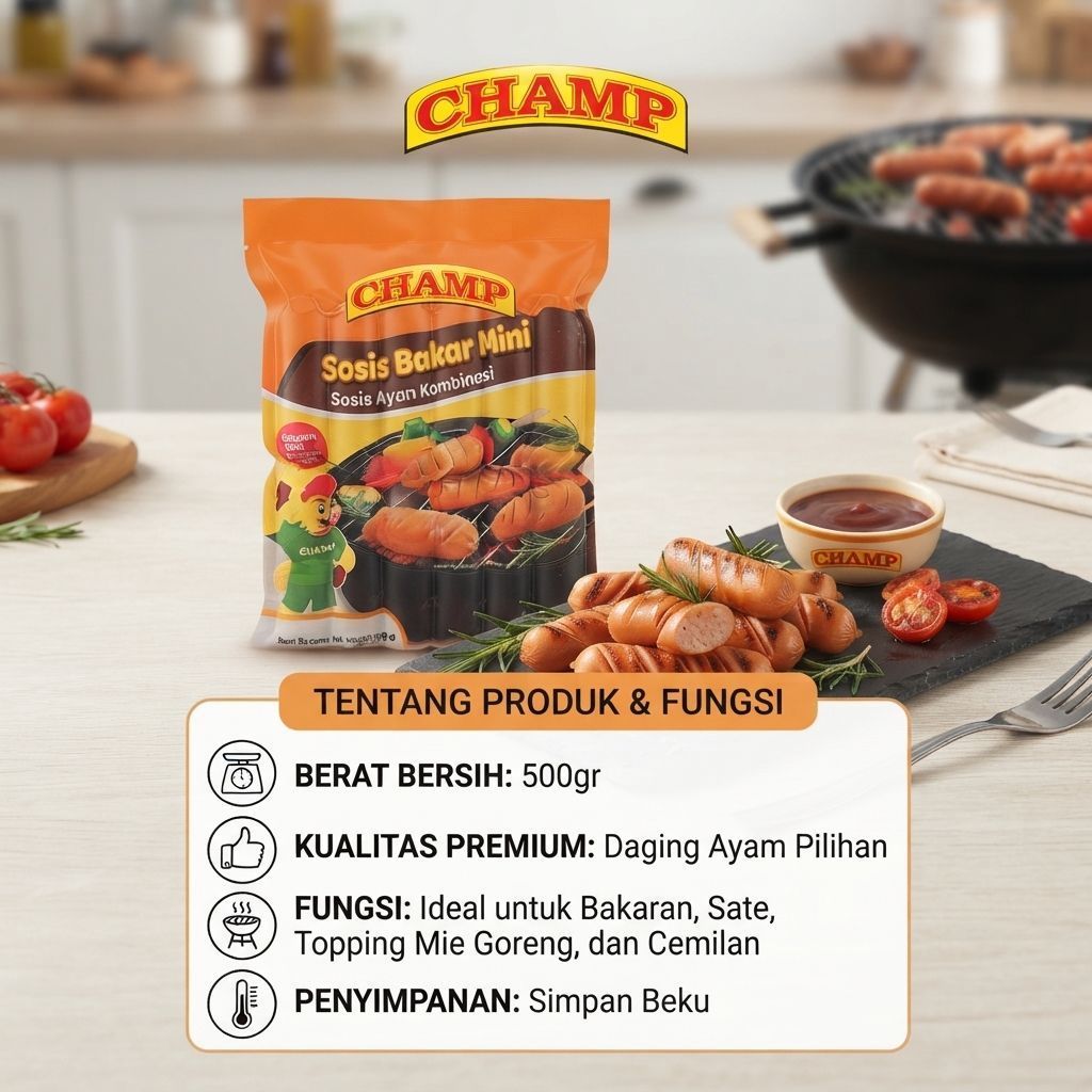Sosis champ bakar jumbo isi 12, sosis champ premium, sosis ayam champ