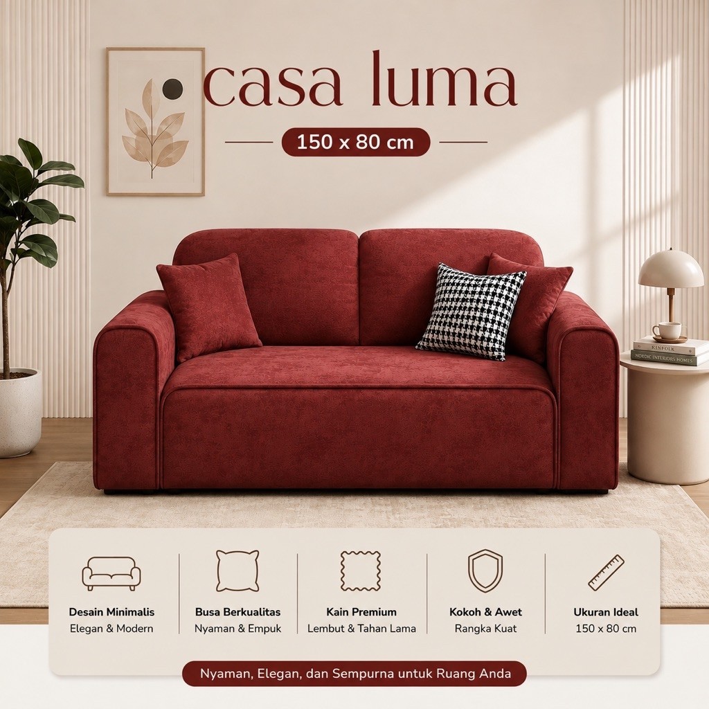 Sofa 2 Kursi Casa Luma 150 x 80 cm Warna Merah Desain Minimalis Busa Berkualitas