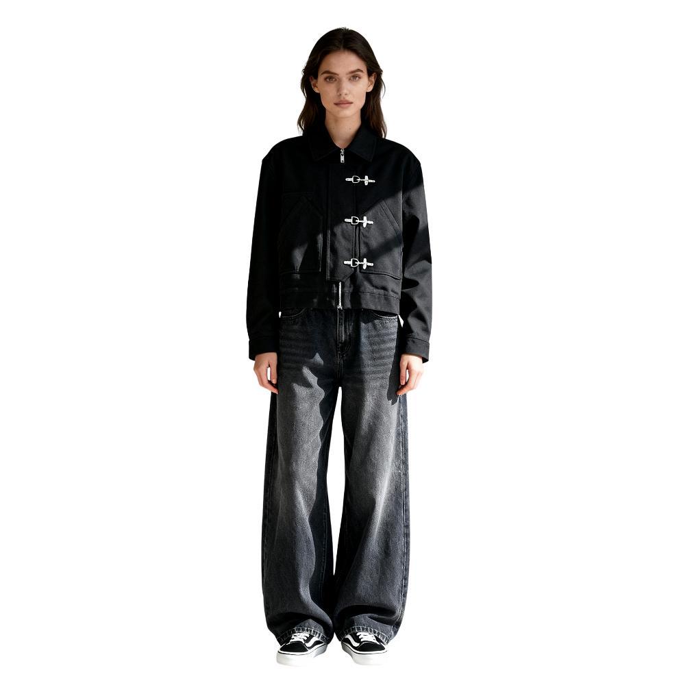 HOT Afterall - Fireman Clasp Black Jacket Denim FLAMES Work Jacket Denim Fireman Clasp