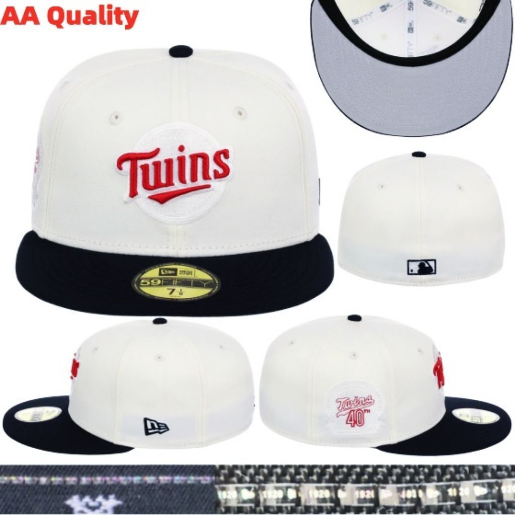 Topi Baseball 59FIFTY Twins warna putih bordir merah dengan visor hitam