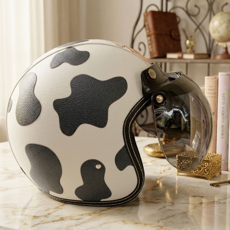 Helm Bogo Retro Plentong Sapi Moo kaca cembung, Helm Bogo Retro Motif Sapi, Helm Bogo Moo
