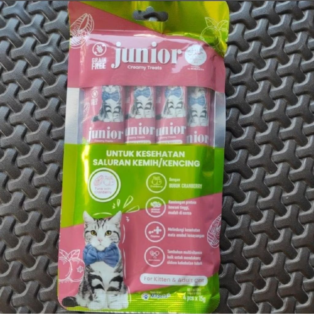 JUNIOR Creamy Cat Treats Kitten Adult Tuna Probiotik 4x15g Untuk Kucing