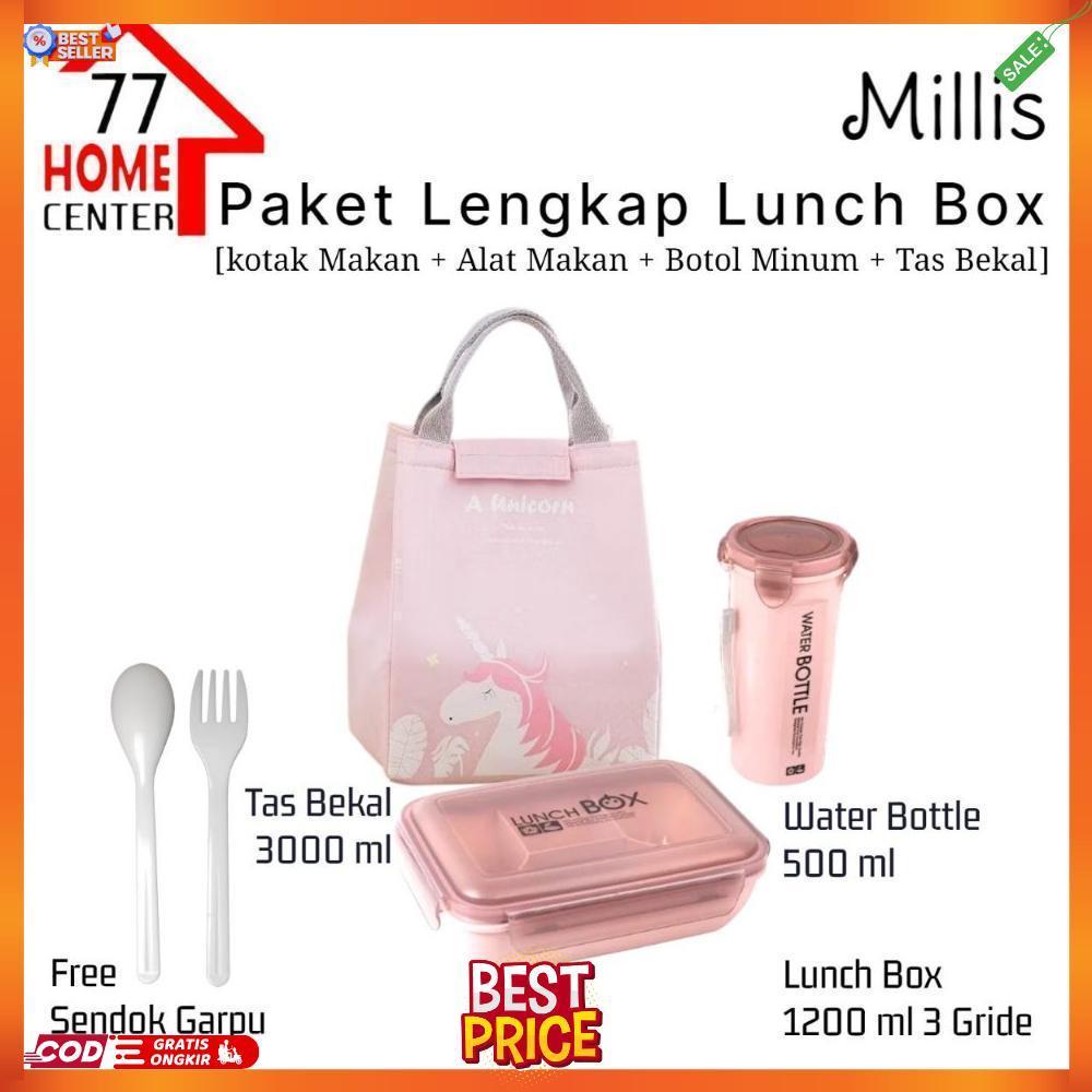 Lunch Box Set Kotak Makan 1500ml  Pink Botol Minum BPA Free Gratis Tas Bekal Sendok