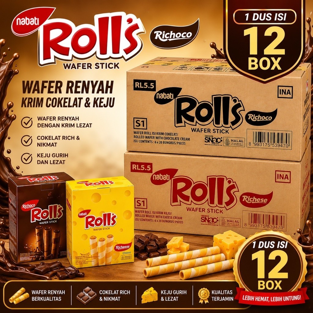 (1 Dus) Nabati Rolls - Wafer Renyah dengan Rasa Keju dan Coklat Kaya (30 x 6 gram)