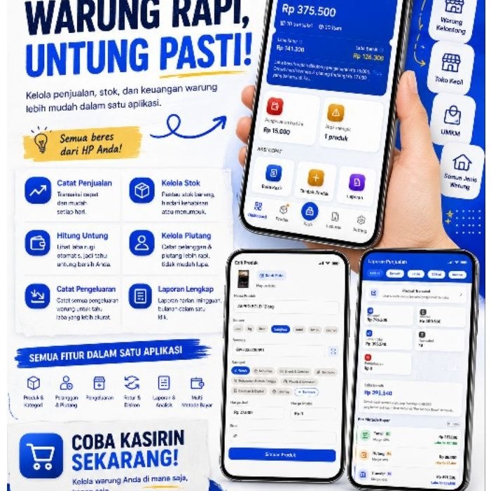 Aplikasi Kasir UMKM Kasirin - Software Kasir Toko Warung Sembako Kelontong Scan Barcode HP Cetak Str