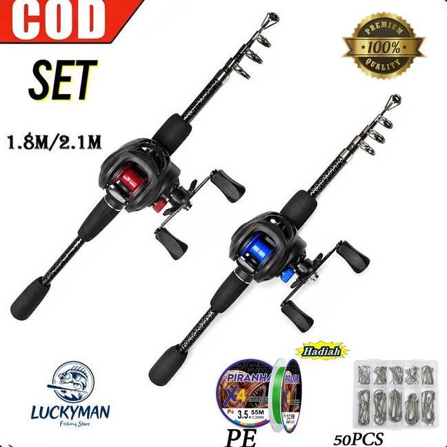 Luyman Set Joran Pancing 18M 21M Joran Lure Warna Hitam Dilengkapi Reel Baitcasting Rem Magnetik Ras
