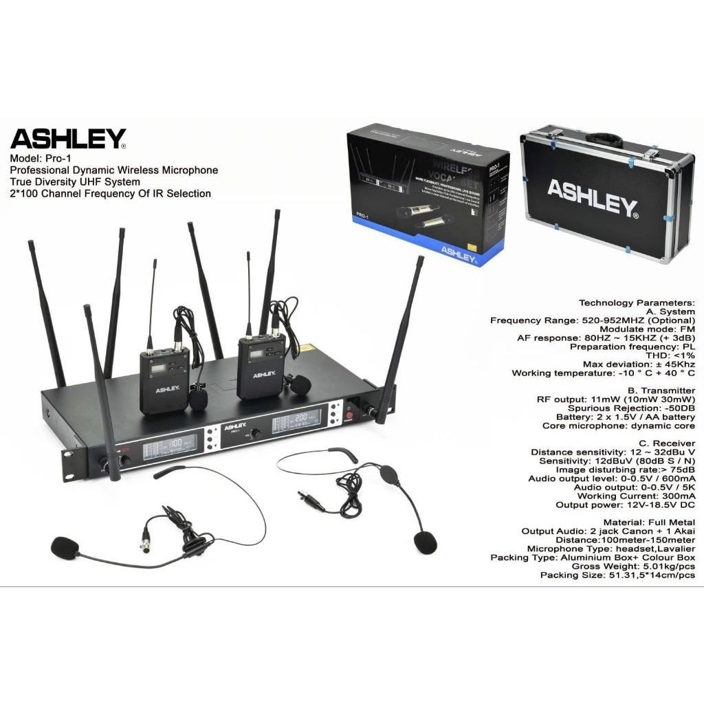Mic wireless Ashley PRO 1 PRO1 JJHH ORIGINAL 2 MIC CLIP ON + 2 MIC HEADSET + 2 TRANSMITTER