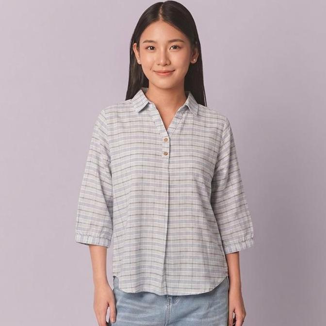Geopani881 - Rilley- Kemeja Sunday Blue Shirt Wanita Motif Plaid Lengan 7/8 Casual Premium