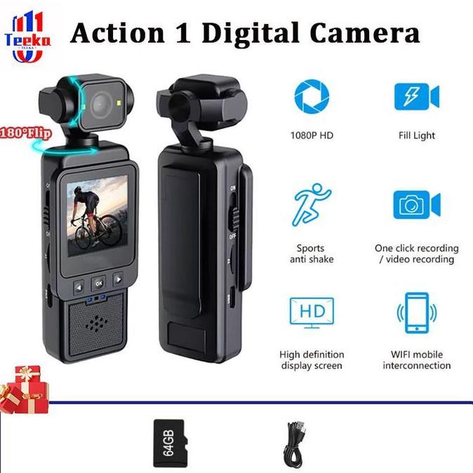 TEEKA Action 1/2 Camera Mini WIFI Kamera action layar HD 1080P 180 Pocket WIFI Camcorder Body Cam wi