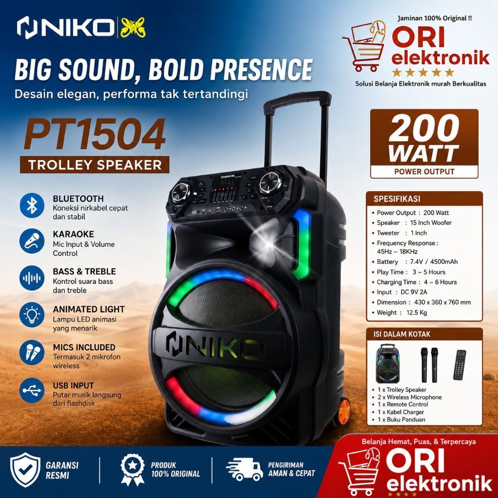 NIKO SPEAKER PORTABLE TROLI BLUETOOTH 15" KARAOKE 2 MIC PT 1504