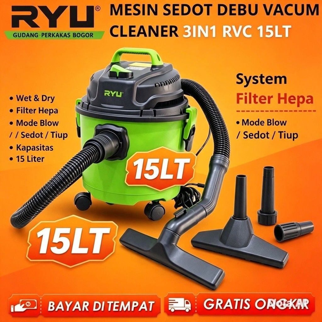 RYU Mesin Sedot Debu Vacum Cleaner 15L 650W 3IN1 BASAH KERING BLOWER Air Hisap Sofa Kasur RVC15 ORI
