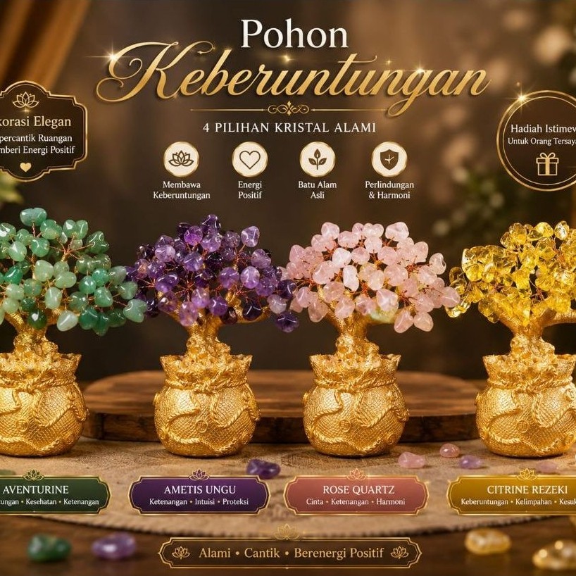 Pohon Rezeki Natural Batu Alam Citrine Amethyst Aventurine Rose Quartz