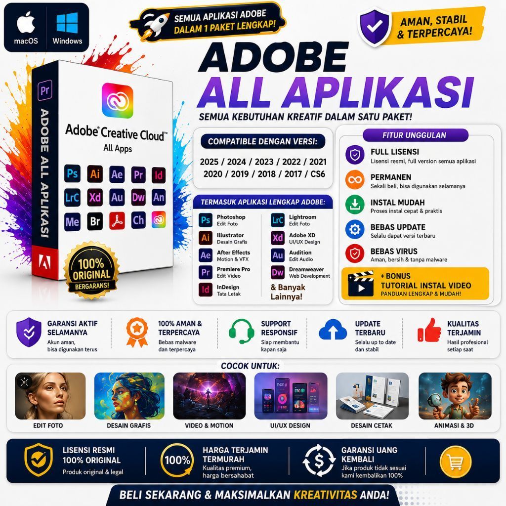 Adobe All Aplikasi 2025 - CS6 (Photoshop, Illustrator, Lightroom, After effect, Acrobat DC pro, Inde