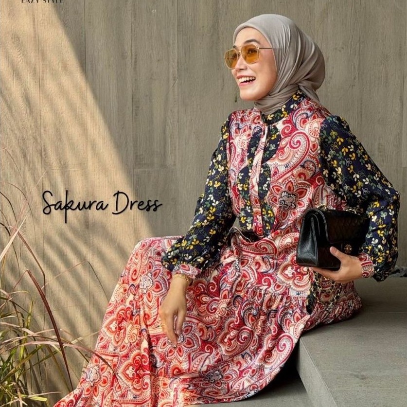 GAMIS WANITA MUSLIMAH MOTIF FLORAL LENGAN PANJANG BUSUI FREIENDLY || SAKURA DRESS EAZY STYLE