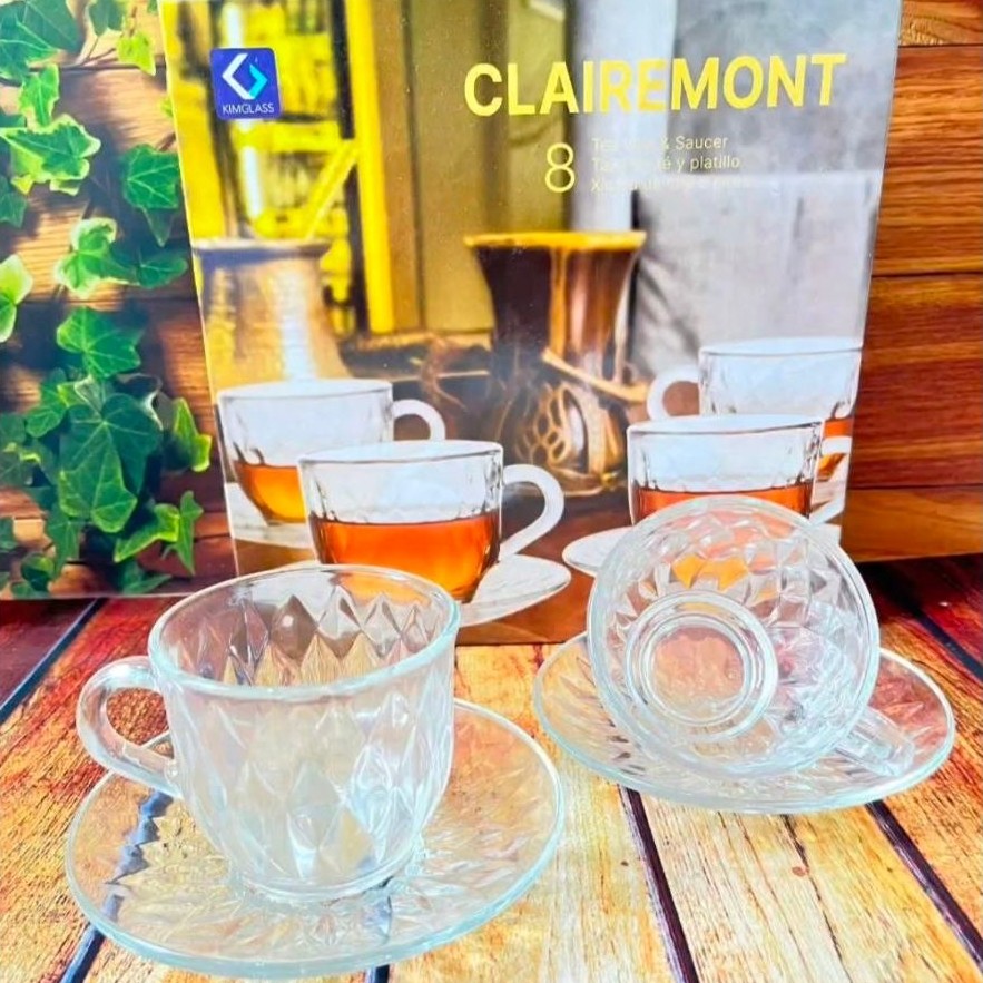 SET GELAS KACA/  TEH/ KOPI/  4GELAS + 4PIRING TATAKAN GELAS MINUM KACA KIMGLASS ISI 220ML