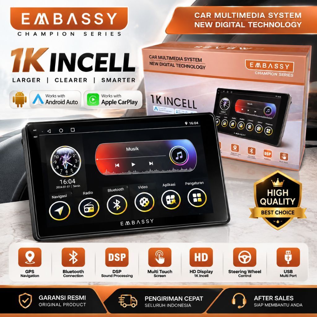 Headunit Android Embassy 9 Champion Series Inch dan 10 inch 2/32 Carplay Android Auto