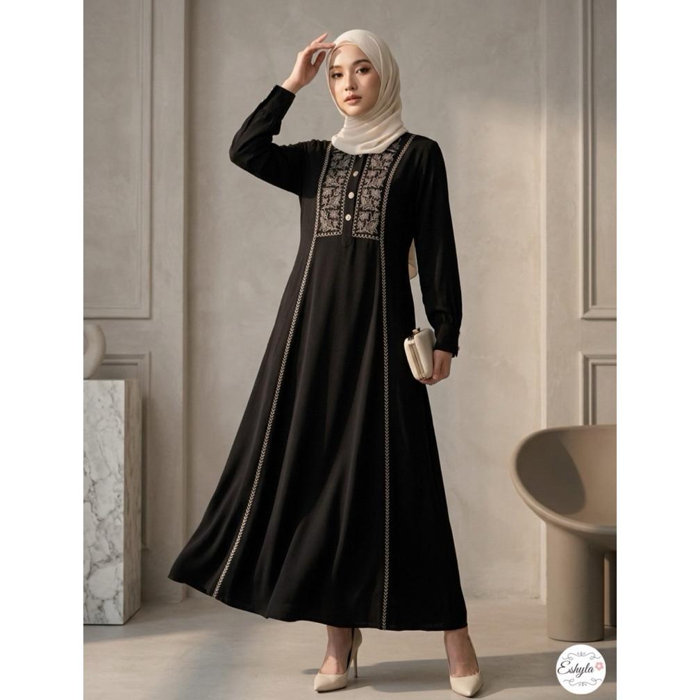 SHAFIA DRESS By. ESHYLA - Gamis Bordir Premium Linen Crinkle Import